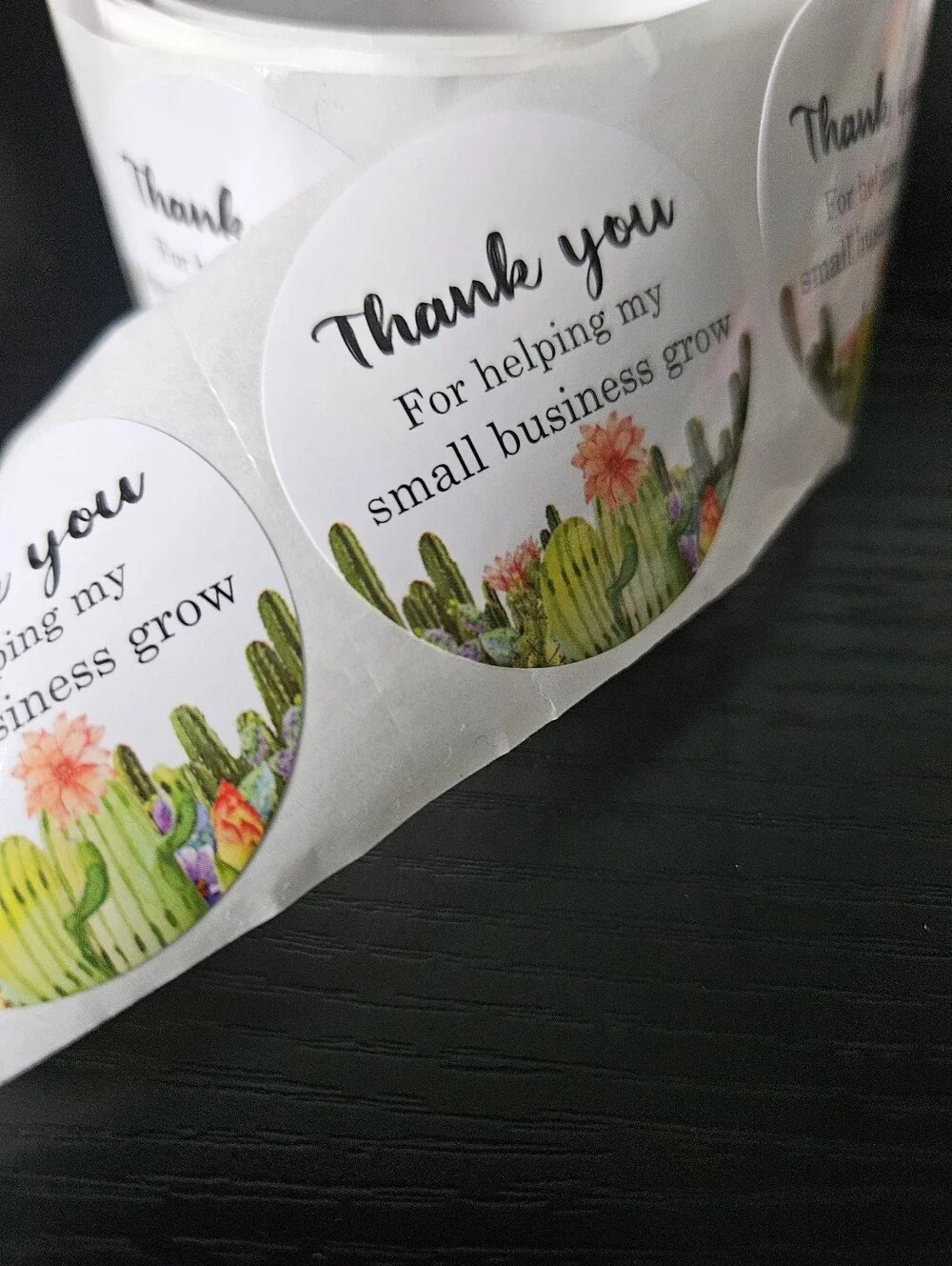 Thank You Cactus Sticker Roll - White Labels with Green Cactus Design